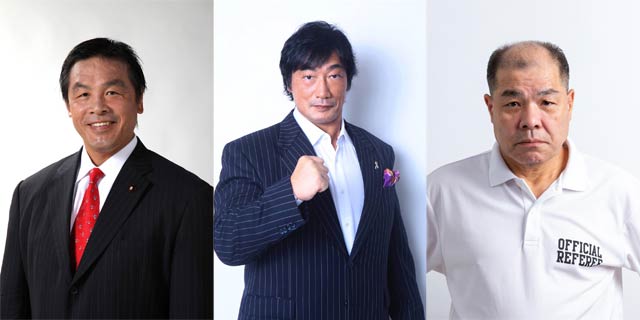 トークショーを行う左から馳浩さん、小橋建太さん、和田京平さん