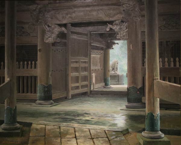 高橋正則さんが普光寺の山門を描いた「雨上がりの山門」