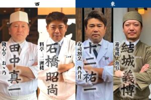 東西に分かれて料理対決する4人の料理長