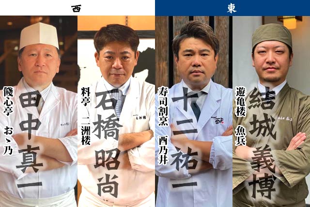 東西に分かれて料理対決する4人の料理長