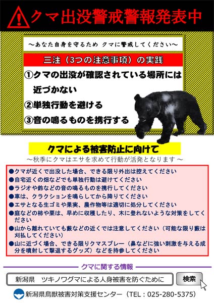県のクマ出没警戒警報のちらし