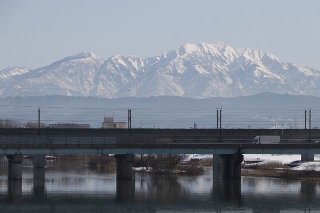 朝日大橋から下流側には粟ヶ岳
