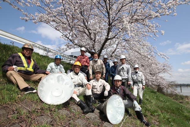 燕消防署前の中ノ口川左岸のサクラをライトアップする投光器を設置した燕を愛するライトアップ倶楽部