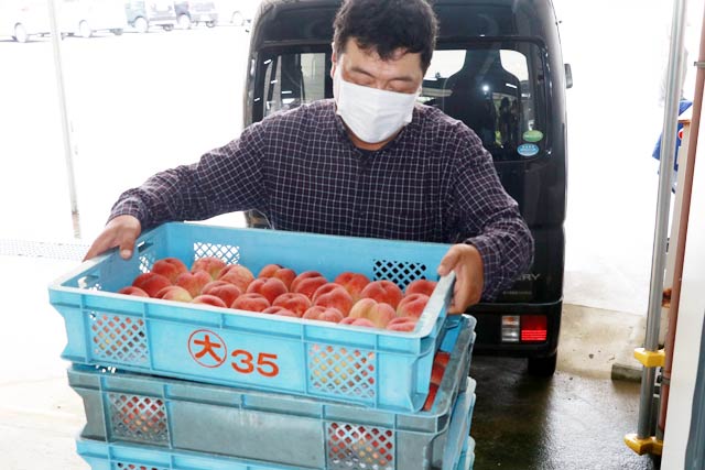 モモを持ち込む生産農家