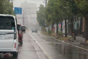 激しい風雨に見舞われる燕三条駅付近