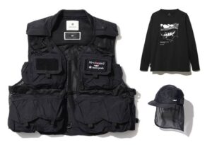 スノーピークとトーンドトラウトとのコラボレーションアイテムの「Flexible Guide Vest 」（29,700円）や「Yamame L/S T shirt」（7,480円）、「Sun Guard Cap」（6,380円）