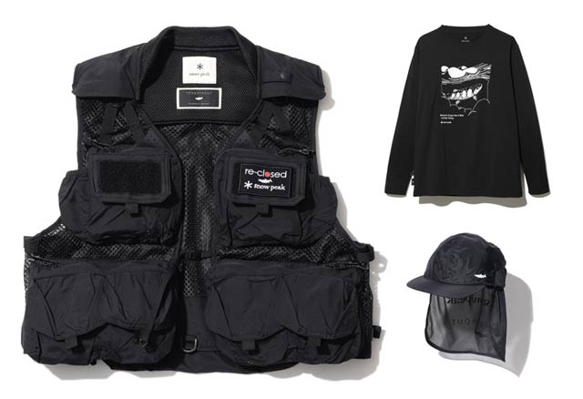 スノーピークとトーンドトラウトとのコラボレーションアイテムの「Flexible Guide Vest 」（29,700円）や「Yamame L/S T shirt」（7,480円）、「Sun Guard Cap」（6,380円）