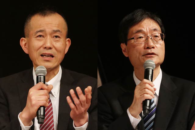 燕三条青年会議所主催燕市長選挙公開討論会の更科氏(左)と鈴木氏