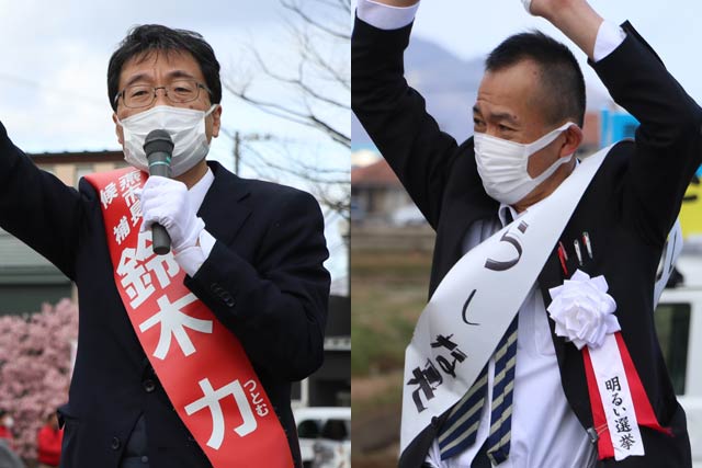 8日朝、つじ立ちを行った鈴木氏(左)と更科氏(右)