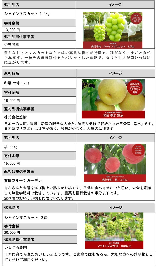 先行予約している果物の返礼品の例