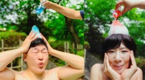 頭にかき氷を載せたシャンプーで暑気払い