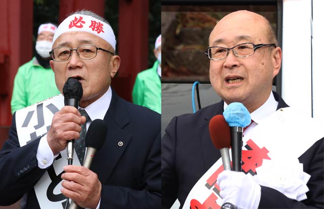 第一声を放つ小林豊彦氏(左)と本間芳之氏(右)