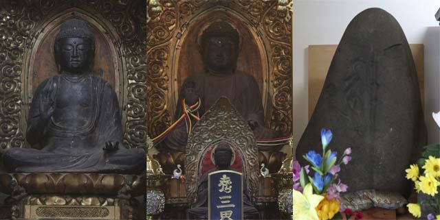 左から木造阿弥陀如来坐像、本尊の木造釈迦如来坐像、板碑