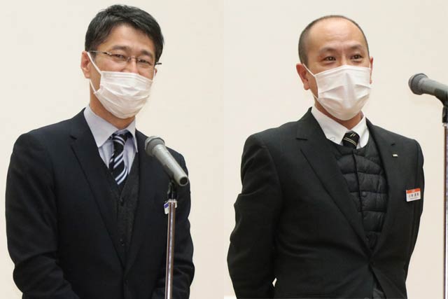 TOTO信越市場開発課・黒瀬康久課長(左)とは「自分の小学校の子どもも我慢している」、LIXIL営業本部甲信越支社長岡営業所・小林達実所長