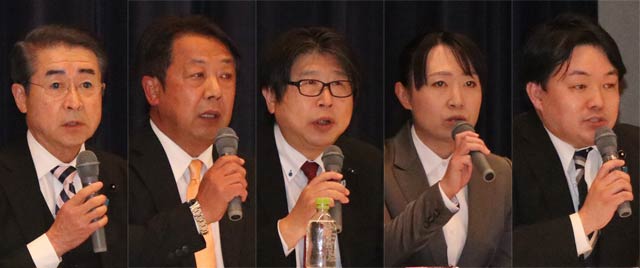 左から立候補予定者の桜井氏、堀氏、杉井氏、柴山氏、河原井氏