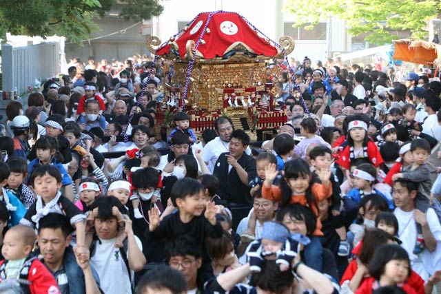 神輿と一緒に走るりの舞い込みは八幡宮境内が肩車の親子でぎっしり