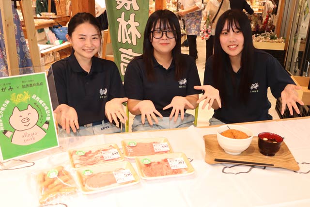 加茂農林高校生産技術科動物コースで豚を飼育する3年生3人が記者会見、左から上田さん、明田川さん、浅野さん
