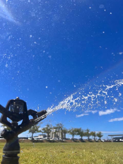 燕市役所庁舎南側の駐車場で水をはじくスプリンクラー