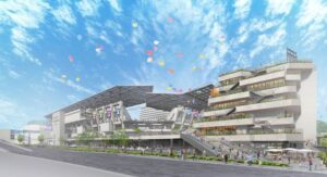 スノーピークが内部で直営店とカフェ店舗を開業する来秋開業予定の「長崎スタジアムシティ」