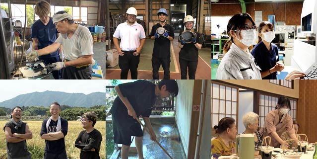 「おしごと体験」のようす、左上から時計回りに燕物産、三条特殊鋳工所、武田金型製作所、嵐渓荘、嵐渓荘、ひうら農場