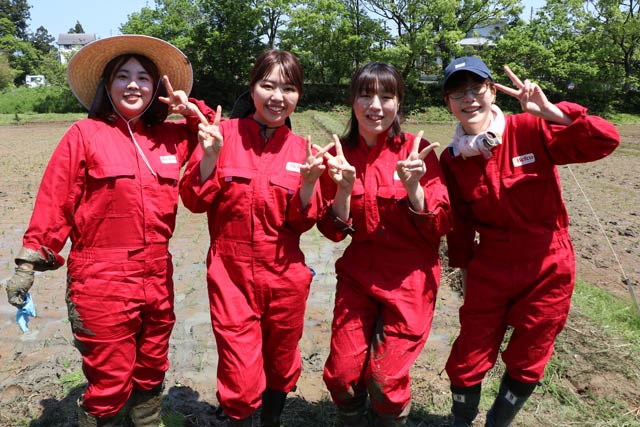 栗山米菓女性社員の田植え