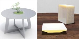 左がグランプリの「table×planter 暮らしと自然をつなぐ」、右がJR賞の「磁石立皿」