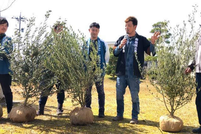 ソメイヨシノ1本とオリーブ3本を寄付した保内植木組