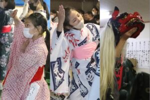 左から木場小路万灯組のお玉、横町万灯保存会の踊り子、上横町万灯保存会の獅子舞