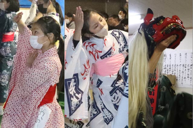 左から木場小路万灯組のお玉、横町万灯保存会の踊り子、上横町万灯保存会の獅子舞