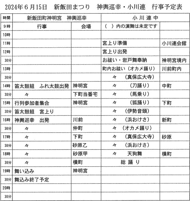 15日の神輿巡幸と小川連中の予定