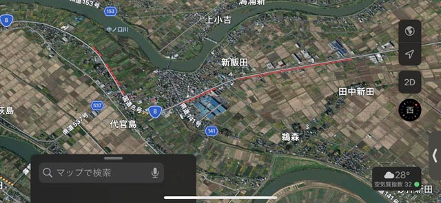 午後1時50分ごろナビゲーションシステムで赤い線で表示されている部分が渋滞しているのがわかる
