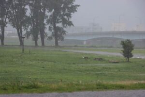 三条防災ステーションで景色がかすむほど激しく降る雨