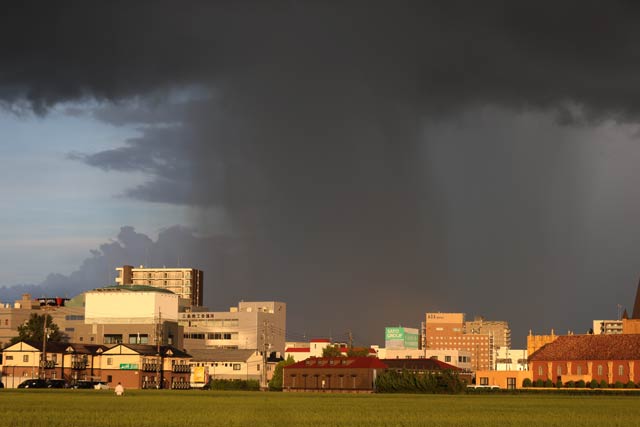 燕三条駅付近から三条市方向へ雨柱がくっきり