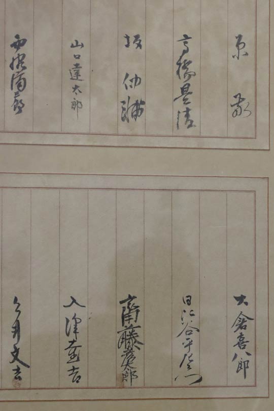 為蔵の古希祝いの寄せ書き、上段右から原敬、高橋是清、下段いちばん右が大倉喜八郎