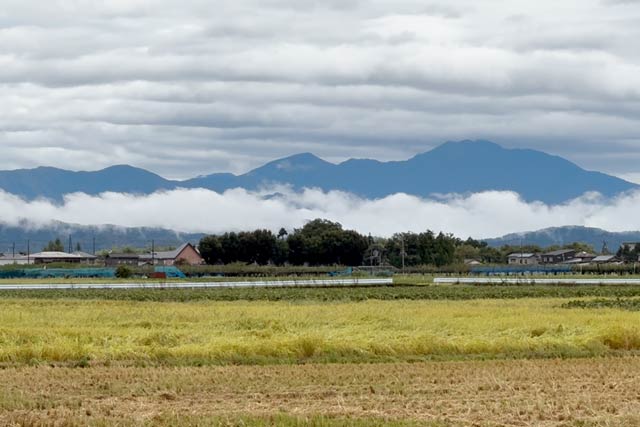 22日午前11時ごろ新潟市西蒲区から見える山のふもとに白くたなびく雲