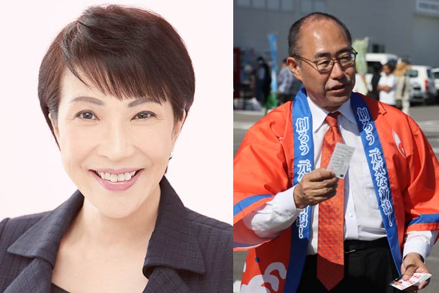つばめ農業まつりで名刺を配る細田氏とその応援演説に訪れる高市氏