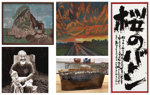 市展賞受賞作品、左上から時計回りに日本画「つりがね洞」出雲文次さん、洋画「帰り道」土田明さん、書道「桜のバトン」小林碧泉さん、工芸・彫刻「自由に」遠藤紀美子さん、写真「私の「宝っこ」」 菊地冨二江さん