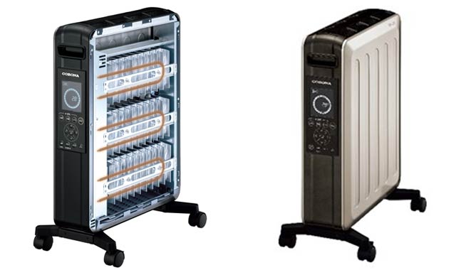 「自然対流型オイルレス電気暖房機」のヒーター管の配置イメージ(左)と発明の構造を搭載したDHS-1524(TC)