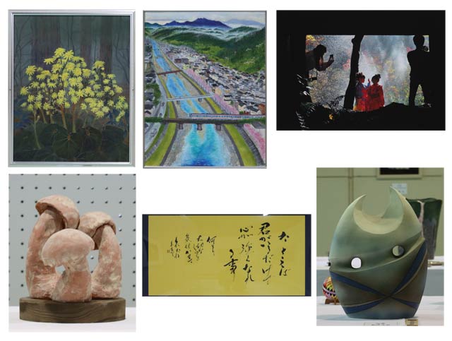 市展賞受賞作品、左上から時計回りに日本画、洋画、写真、工芸、書道、彫刻