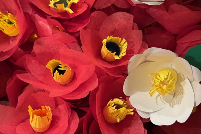 伊部ゼミ学生が120個を作ったユキツバキの花をかたどったあかり