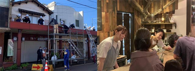 商店街の人たちとアーケード大掃除(左)、来館者との積極的なコミュニケーション(右)