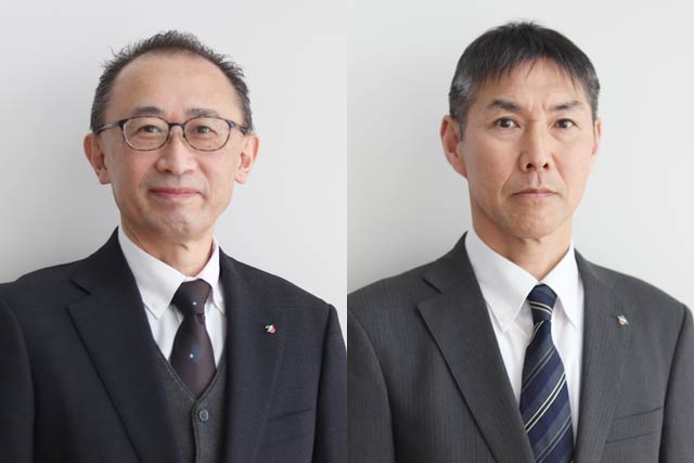 部長級で昇格する都市整備部長に異動の小林崇史下水道課長(左)と（燕・弥彦総合事務組合）水道局長に異動する土田和久営繕建築課長