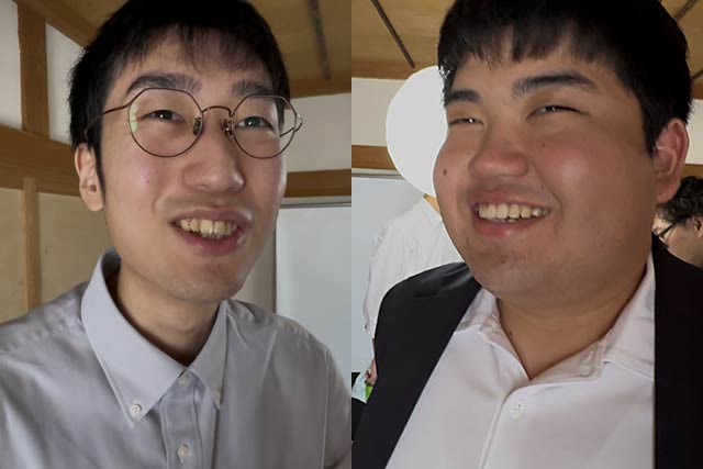 学生人に団体「まちのわ」の三条市立大の佐藤さん(左)と今井さん