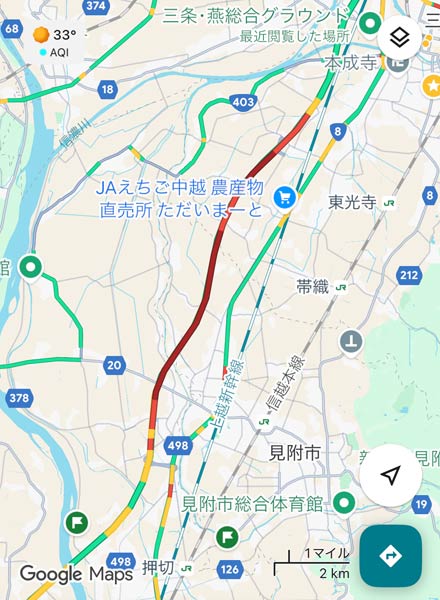 「Google Maps」に表示された午前10時の渋滞状況