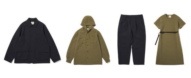 左から「Easy Cloth Jacket」、「Easy Cloth Hooded Shirt」、「Easy Cloth Pants」、「Easy Cloth Dress」