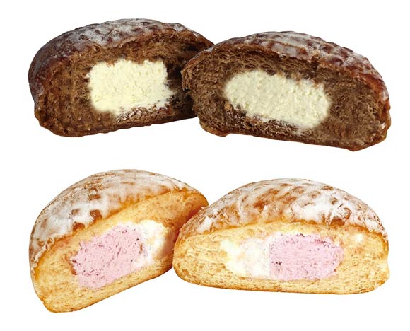 上が「milkyクリームドーナツ（チョコバナナ）」、下が「milkyツインクリームドーナツ（ミルキー＆あまおう苺）」