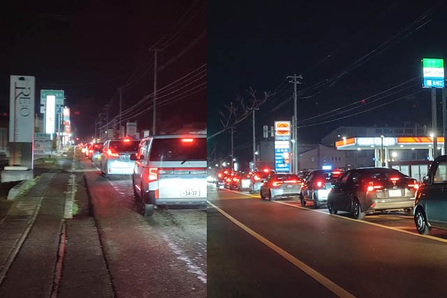 三条市内でガソリンスタンドから延びる車列