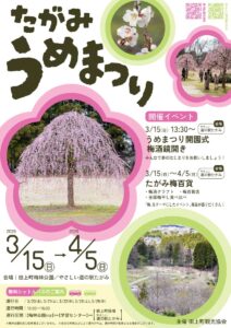 田上の春告げる「たがみうめまつり」が15日開幕 梅林公園と道の駅たがみを会場に4月5日まで多彩な催し
