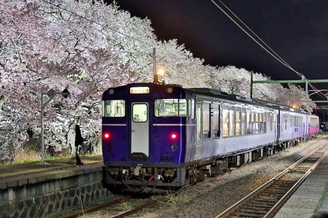 分水駅に到着した「夜桜Shu＊Kura」号