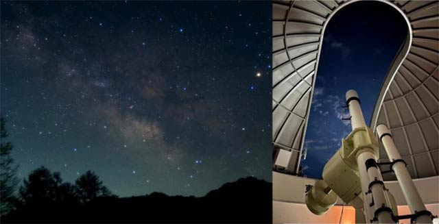 星空と「森の湯小屋 さぎの湯 しらさぎ荘」に設置されている天体観測室の天体望遠鏡